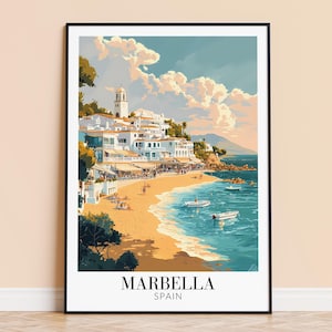 Marbella print – Spanje muurkunstposter, Costa del Sol reisprint, woondecoratie, housewarmingcadeau bruiloft, ingelijst of ingelijst, gepersonaliseerd
