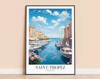 May include: A colorful illustration of a harbor in Saint-Tropez, France. The image shows a row of boats docked in a narrow channel with buildings lining the sides. The sky is blue with white clouds and the water is a deep blue.