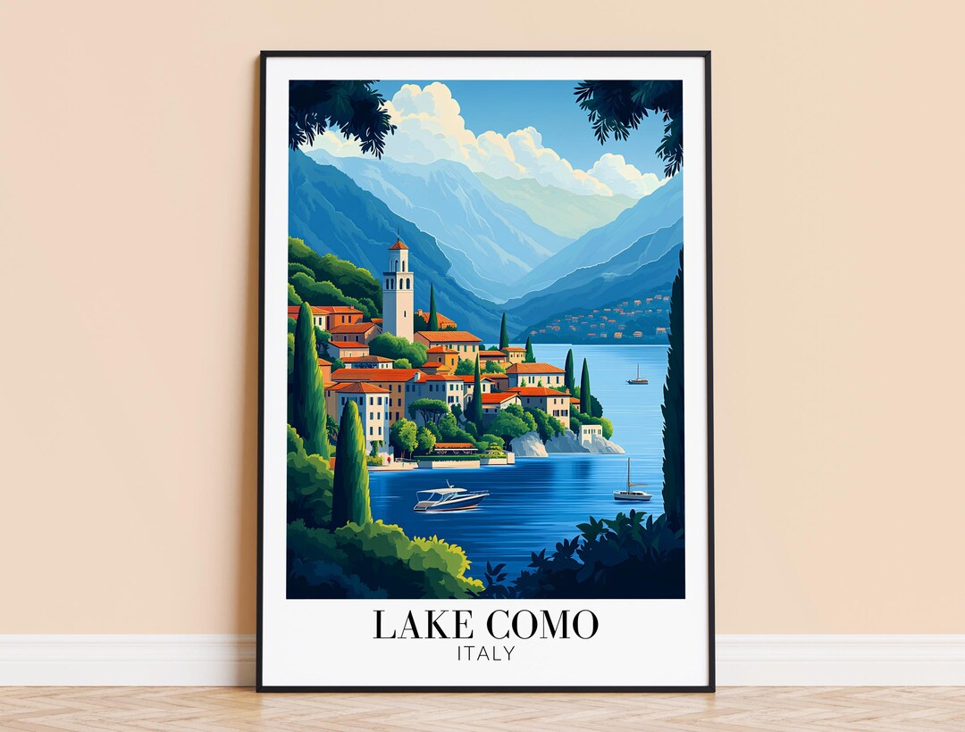 lake como italy travel poster art print (digital... Lake Como Italy Travel Poster – Customizable Wall Art - Etsy