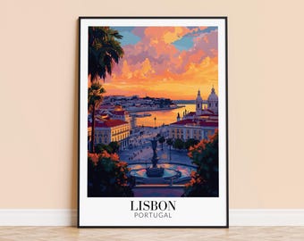 Lisbon Sunset Art Print – Portugal Travel Poster, Custom Text