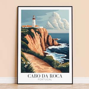 Könnte beinhalten: Eine farbenfrohe Illustration eines Leuchtturms auf einer Klippe mit Blick auf das Meer. Der Text "Cabo da Roca, Portugal" befindet sich am unteren Rand des Bildes.