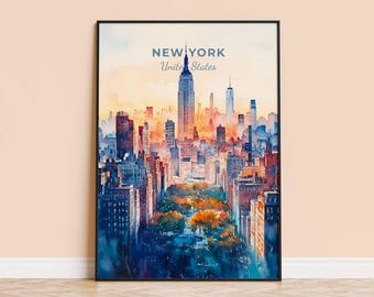 Akvarelltryck av New York – Poster med stadssilhuett, resekonst