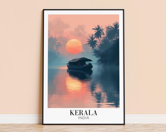 Póster de viaje de Kerala, India: Estampado de atardecer tropical, arte de casa flotante.