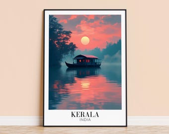 Póster de viaje de Kerala, India: Arte mural de atardecer tropical, regalo