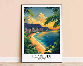 ワイキキビーチのポスター、ホノルルのハワイ旅行アート、ダイヤモンド