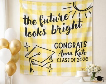 Zukunft sieht heller Abschluss-Hintergrund personalisiert aus, Gold gestreifte Grad-Party-Fahne, Klasse von 2026-Fotostand-Dekor, kundenspezifisches älteres Zeichen