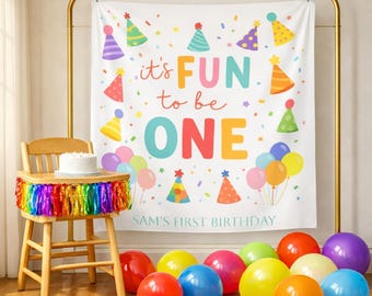 Heller Spaß Erster Geburtstag Hintergrund | Spaß, eine bunte Partygirlande zu sein | Gender Neutral Cake Smash Foto Hintergrund | Personalisiertes Dekor