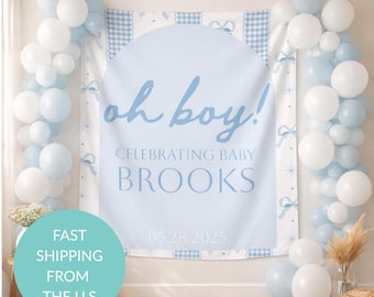 Baby-Dusche-Kulisse | Oh Junge personalisierte Party Dekoration | Baby Foto Hintergrund besprenkeln Stoff Tapisserie Banner