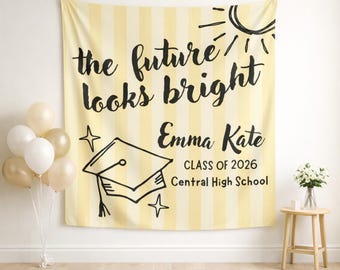 Zukunft sieht hell aus Graduierung Hintergrund personalisiert, Gold Gingham grad Party Banner Klasse von 2026, benutzerdefinierte grad Dekor