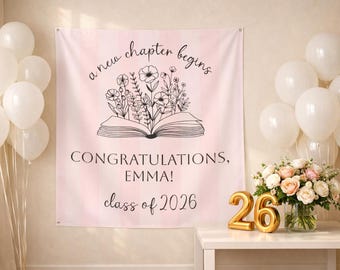 Rosa Abschluss des nächsten Kapitels Personalisiert, Blumenmuster-Foto-Kulisse mit Namen, Klasse von 2026 Party Banner, benutzerdefiniertes Senior-Dekor