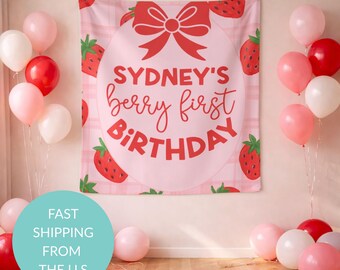 Heller Spaß Erster Geburtstag Hintergrund | Beere 1st Bday Pink Girlande | Baby Girl Cake Smash Foto Hintergrund | Personalisiertes Dekor