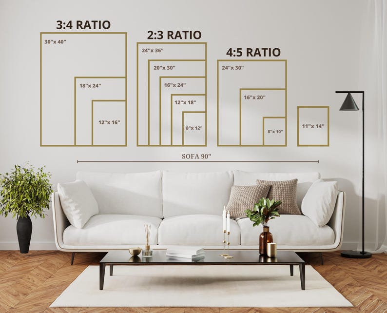 Może przedstawiać: Diagram przedstawiający r&oacute;żne rozmiary wydruk&oacute;w artystycznych w calach dla proporcji 3:4, 2:3 i 4:5. Diagram pokazuje rozmiary wydruk&oacute;w, kt&oacute;re pasowałyby nad sofę o długości 90 cali.