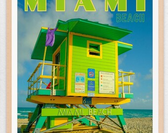 Miami Beach summer poster, retro beach wall art, tropical photograph, coastal Florida summer home decor, colorful lifeguard wall art