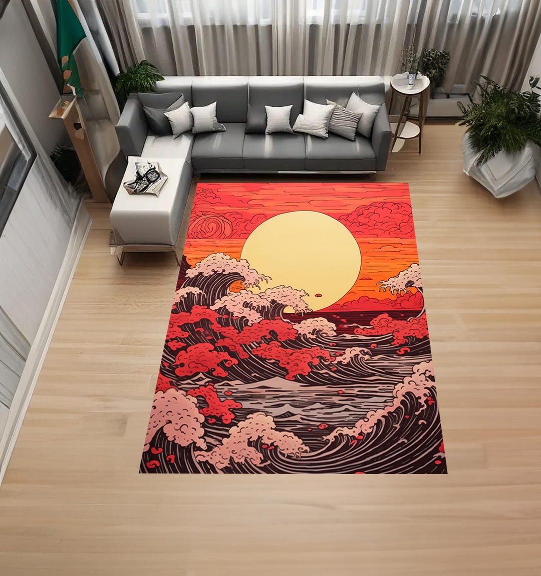 Modern Sun Rug Japanesse, Big Ocean Waves, Sun, Living Room, Abstract Rug, Custom Rug ...