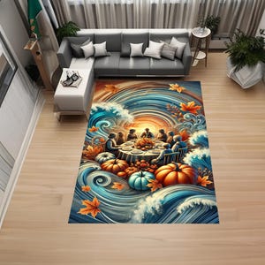 Póster de Acción de Gracias, surrealista, familia, calabazas, hojas de otoño, mazorcas de maíz, alfombra moderna, alfombra decorativa, alfombra antideslizante, alfombra popular
