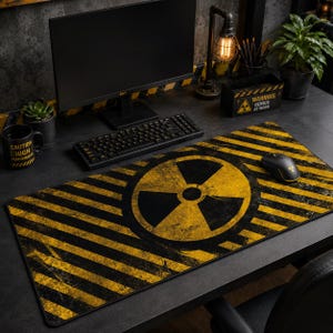 May include: A black and yellow rectangular desk mat with a hazard stripe design and a large radiation symbol in the center. The mat is on a dark desk with a computer, keyboard, and mouse.