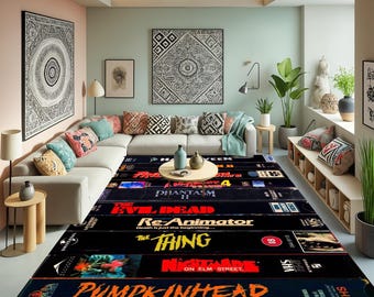 Retro Horror VHS Movie Rug: Colorful Non-Slip Area Carpet