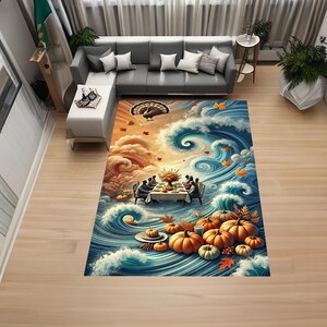 Póster de Acción de Gracias, surrealista, familia, calabazas, hojas de otoño, mazorcas de maíz, alfombra moderna, alfombra decorativa, alfombra antideslizante, alfombra popular