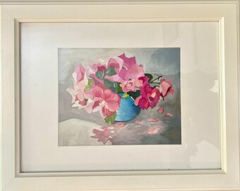 Pintura original de acuarela Gouache sobre flores rosas de papel