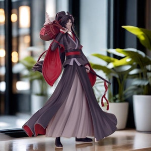 May include: A black and red anime figurine of a character wearing a long, flowing robe with a red sash. The character is holding a red bag over their shoulder and a long, red-tipped staff in their right hand.