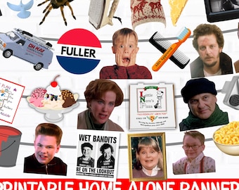 Puede incluir: Una colección de 28 imágenes de la película "Solo en casa" dispuestas sobre un fondo blanco con líneas grises. Incluye una cinta VHS, una tarántula, una porción de pizza y retratos de personajes. El banner en la parte inferior dice "PRINTABLE HOME ALONE BANNER".