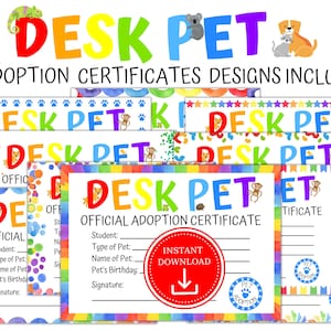 Desk Pet Adoption Certificate Printable - Desk Pets - Desk Pet Printable - Teacher - Classroom - Mini Erasers - Positive Reinforcement