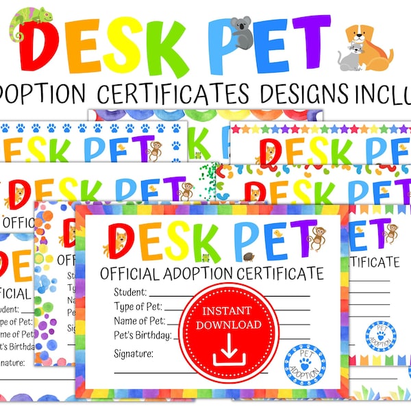 Desk Pet Adoption Certificate Printable - Desk Pets - Desk Pet Printable - Teacher - Classroom - Mini Erasers - Positive Reinforcement