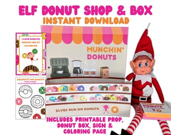 以下が含まれることがあります： 「Munchin' Donuts」と書かれた看板、ドーナツボックス、塗り絵のページが付いた、印刷可能なエルフのドーナツショップ＆ボックスセット。セットには、ドーナツボックスを持ったエルフと、「Elves Run on Donuts」と書かれた看板が含まれています。