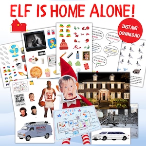 May include: A festive digital download featuring the text "ELF IS HOME ALONE!" and various illustrations. Includes images of a house, a child with a surprised expression, a basketball player, and a battle plan. A red circle with "INSTANT DOWNLOAD" is also present.
