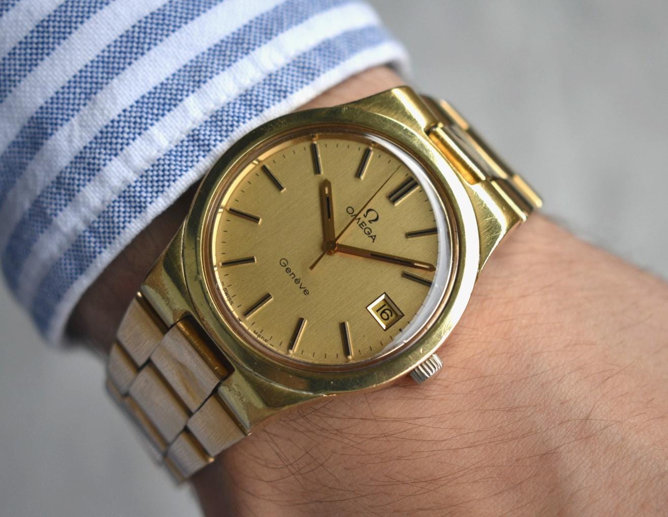 1974 Vintage Omega Mens Watch Geneve Gold Bracelet Mechanical Date