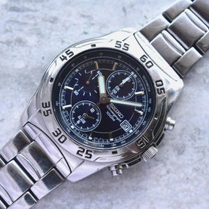 Seiko 100m Chronograph Blue Dial Date Men&#39;s Quartz Bracelet Rare Watch