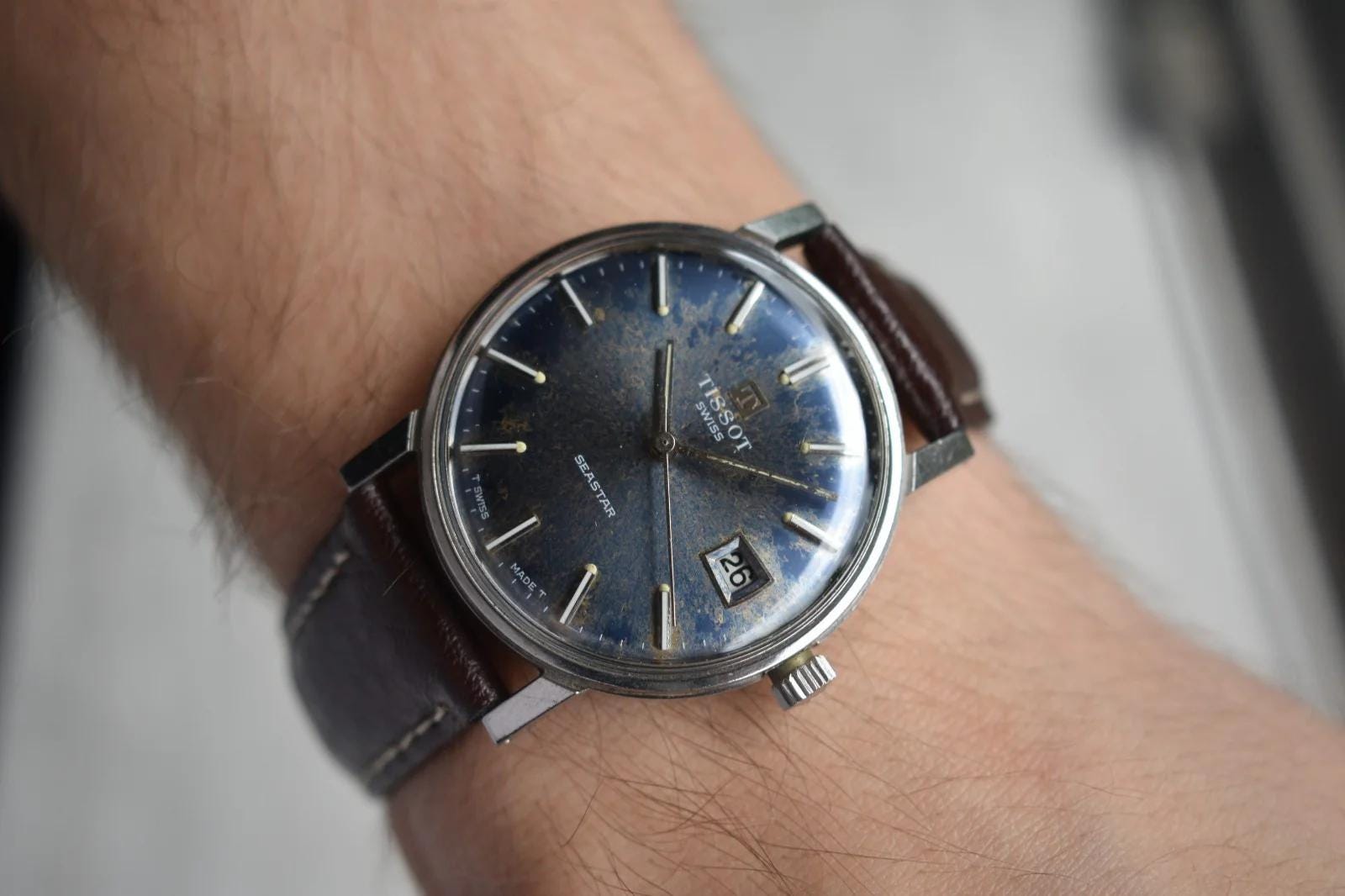1974 Vintage Tissot Seastar Automatic Blue Dial Date Leather Watch
