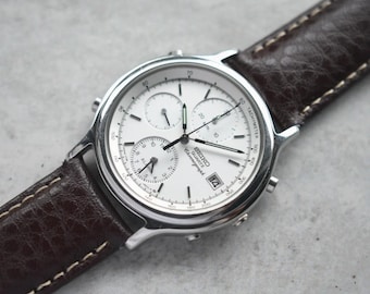 April 1991 Seiko Men's Watch Alarm Chronograph White Date Quartz Leather Watch