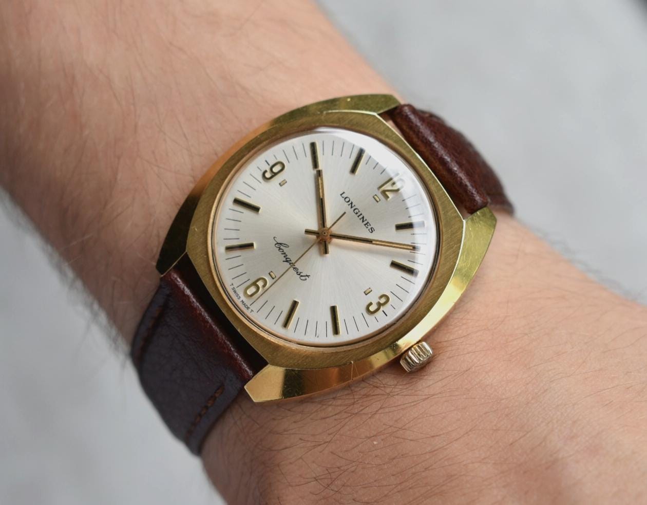 1974 Vintage Longines Automatic Gold Leather Men's Sunburst Dial