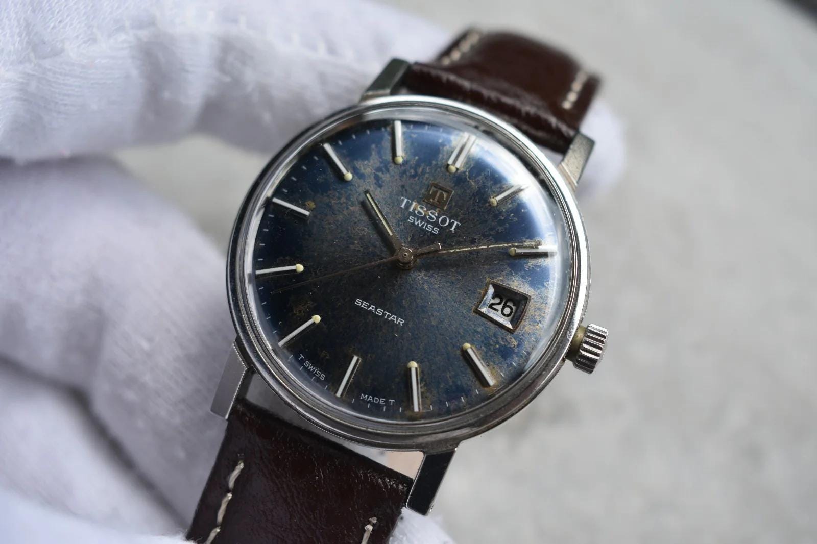 1974 Vintage Tissot Seastar Automatic Blue Dial Date Leather Watch