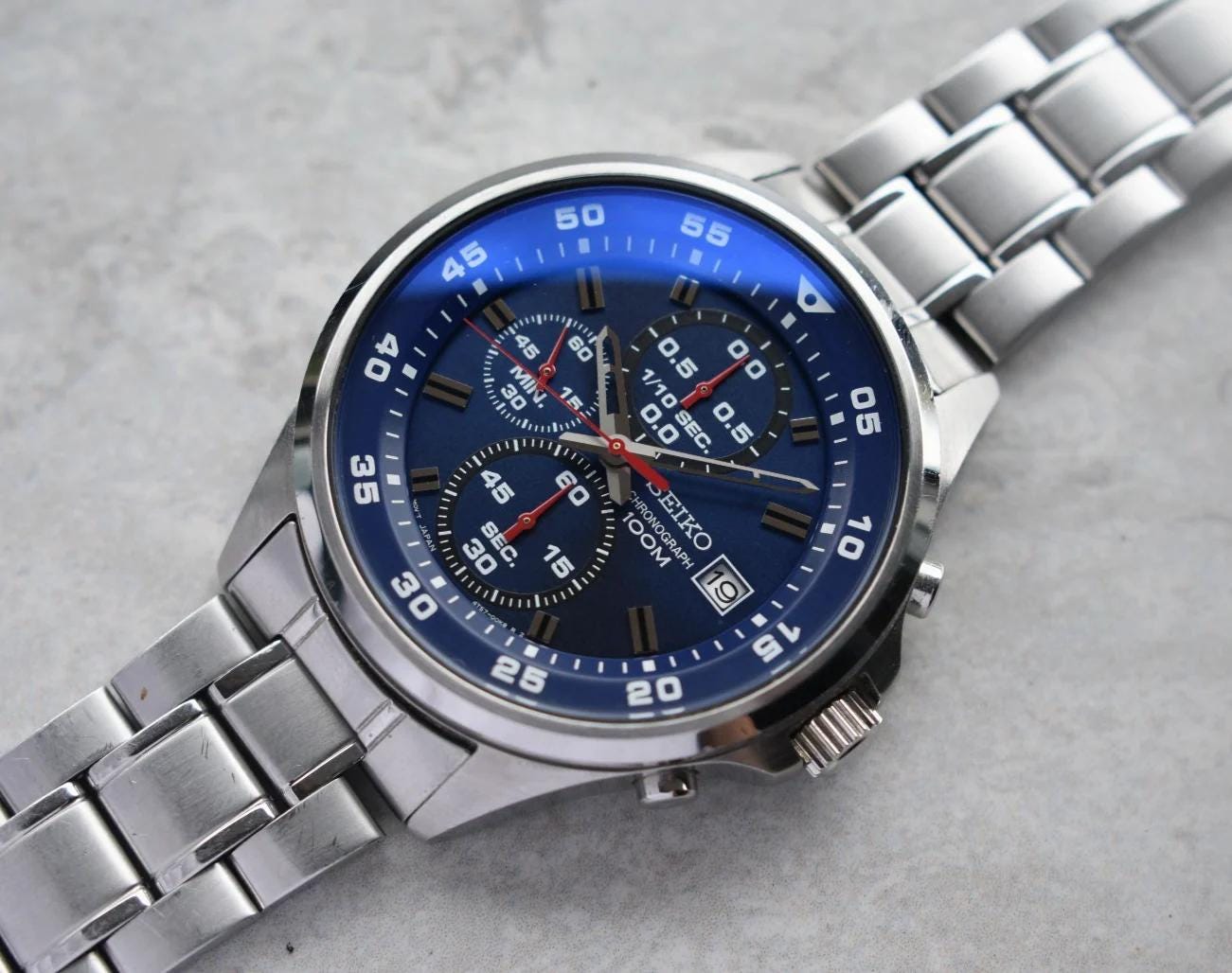 ◎SEIKO CHRONOGRAPH 100M ブルー文字盤 腕時計 Seiko Chronograph Men's Watch Blue Dial Date Quartz Bracelet Rare