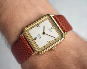 Orologio Tudor Vintage Le Royer Gold Dress Tank, raro, quadrante bianco, cinturino in pelle, 27 mm