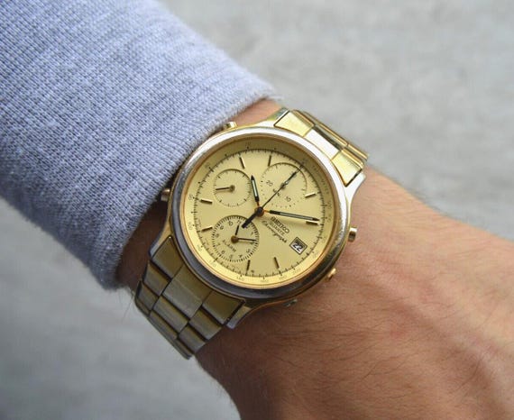 September 1988 Seiko World Timer Gold Quartz Rare Alarm Chronograph Men s Watch Etsy