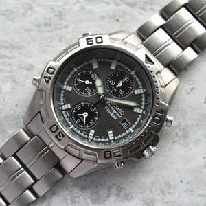 Seiko Titanium Alarm Chronograph 100M Grey Dial Men&#39;s Bracelet Watch