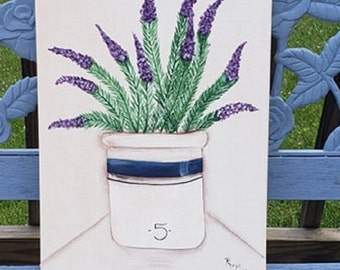 Large 16" x 20" Original Hand Painted Canvas Crock with Lavender Wall Art Home Decor Raised Canvas