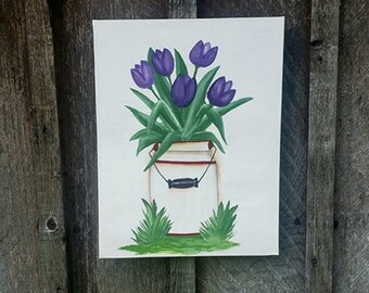 Lg 16" x 20" Original Hand Painted Canvas Tin Milk Can with Purple Tulips Wall Art Home Decor Raised Canvas