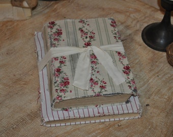 2 Primitive / Victorin / Colonial Time Worn 19c Fabric Covered Books Old Red Ticking & Red Calico Prints