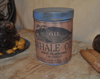 Tall Hand Painted By Artist Folk Art Primitive Round Wooden Colonial/Shaker Box Whale Oil Logo