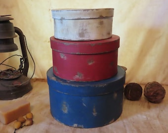 Lg Set of Three Primitive Round Pantry/Colonial/Shaker Boxes Red White and Blue Farmhouse/Folk Art/ Decor / Artist