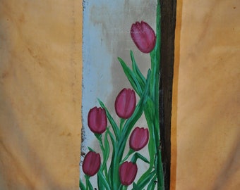 Primitive/Farmhouse Sitter ~ Hand Painted By Artist ~ Vintage Reclaimed Wood Shingle / Spring Flowers
