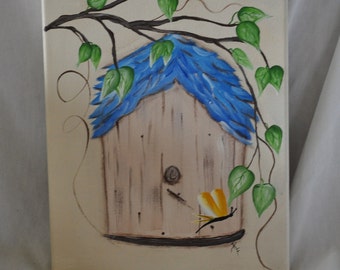 Primitive Hand Painted Birdhouse On Raised Canvas Whimsical Folk Art Farmhouse