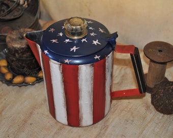 Metal Americana Flag Vintage Coffee Pot Glass Top Folk Art/Primitive Americana Flag Stars & Stripes