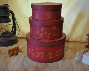 Lg Set of Three Primitive Round Pantry/Colonial/Shaker Boxes Red Ware Hand Painted Paper Mache  Farmhouse/Folk Art/Decor/Artist