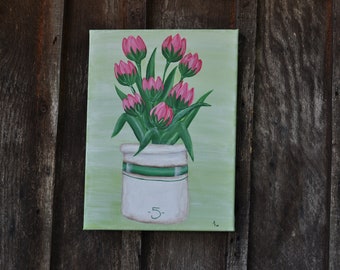 Large 16" x 20" Original Hand Painted Canvas Crock with Tulips Wall Art Home Decor Raised Canvas