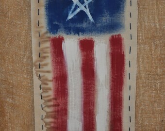 Grubby Fabric Handpainted Sign American Flag Wall Hanging ~ Rusty Bells & Pins